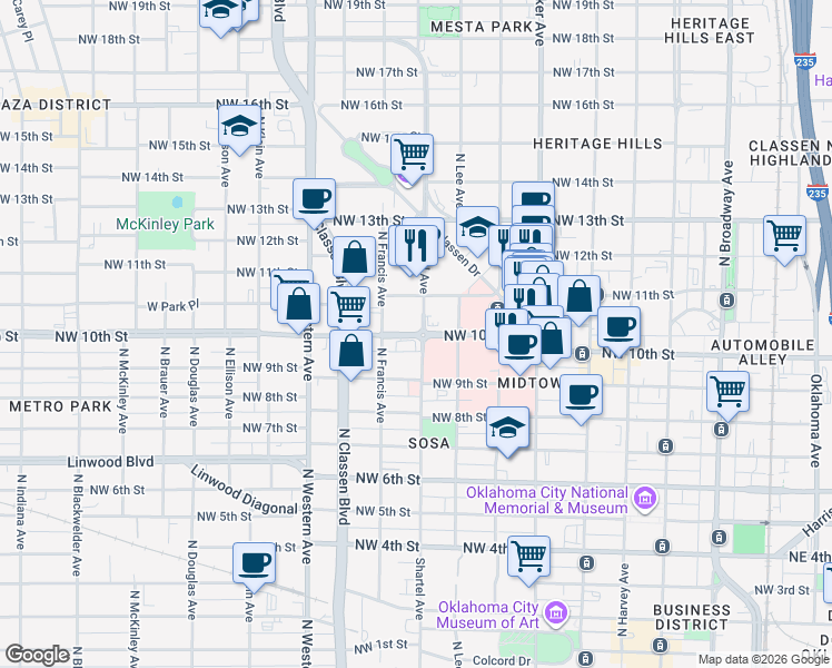 map of restaurants, bars, coffee shops, grocery stores, and more near 1117 North Shartel Avenue in Oklahoma City