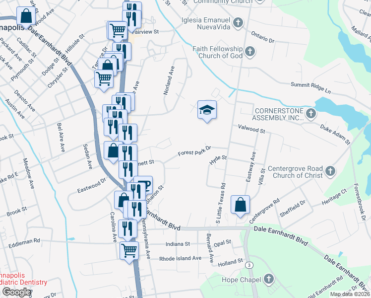 map of restaurants, bars, coffee shops, grocery stores, and more near 1247 Forest Park Drive in Kannapolis