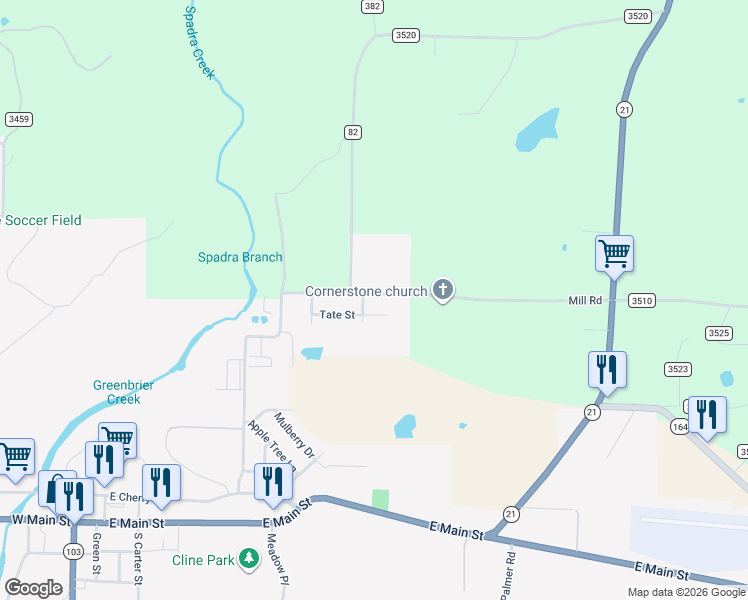 map of restaurants, bars, coffee shops, grocery stores, and more near 1007 Mill Road in Clarksville