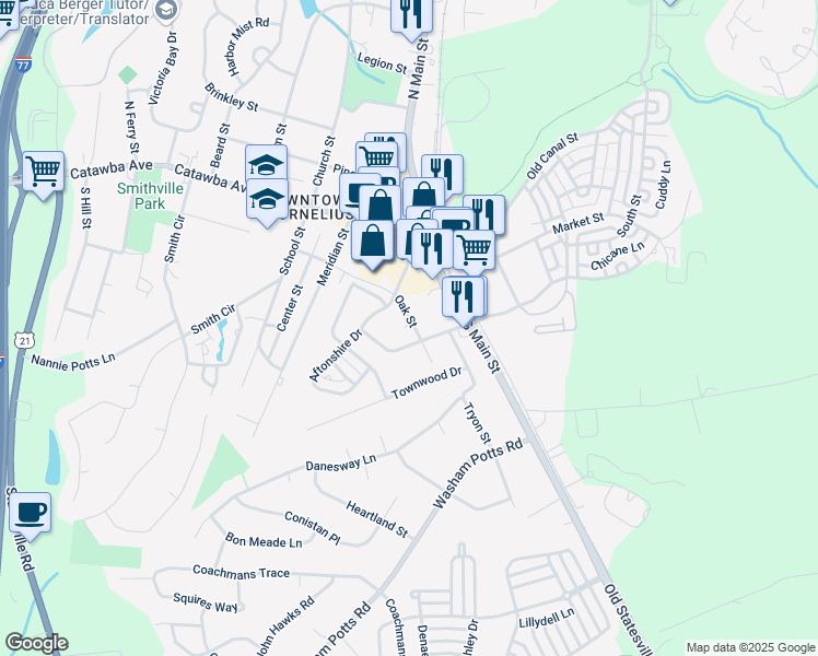 map of restaurants, bars, coffee shops, grocery stores, and more near 19630 Oak Street in Cornelius