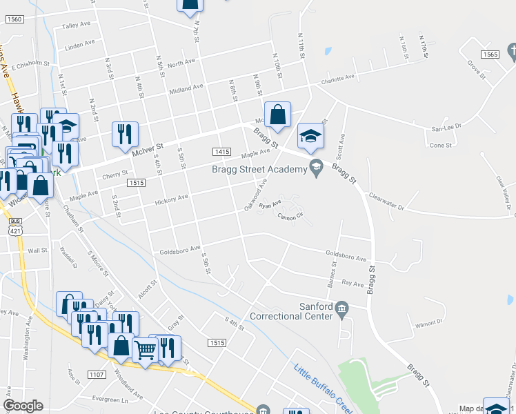 map of restaurants, bars, coffee shops, grocery stores, and more near 408 Ryan Avenue in Sanford
