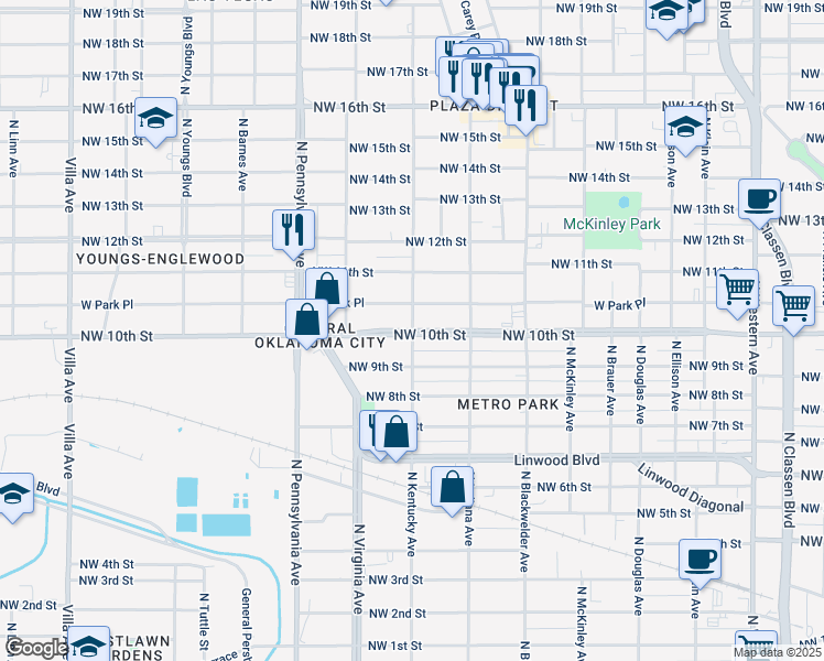 map of restaurants, bars, coffee shops, grocery stores, and more near NW 10th St & N Kentucky Ave in Oklahoma City