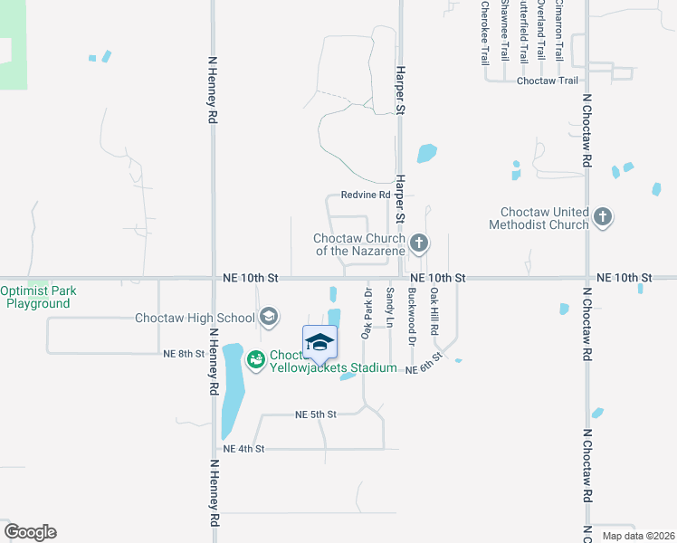 map of restaurants, bars, coffee shops, grocery stores, and more near 1066 Creek Side Drive in Choctaw