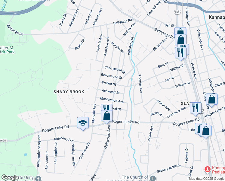 map of restaurants, bars, coffee shops, grocery stores, and more near 1106 Oakwood Avenue in Kannapolis