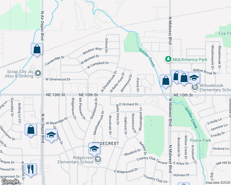 map of restaurants, bars, coffee shops, grocery stores, and more near 3817 North Bella Vista Drive in Midwest City