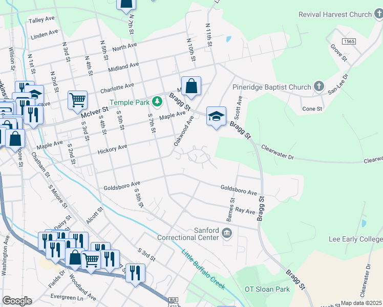 map of restaurants, bars, coffee shops, grocery stores, and more near 513 Ryan Avenue in Sanford