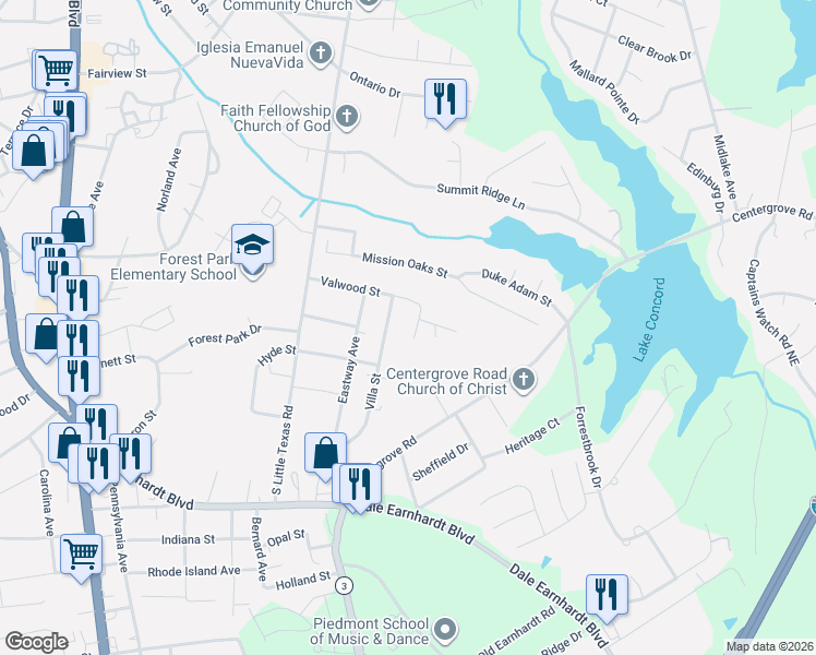 map of restaurants, bars, coffee shops, grocery stores, and more near 1708 Valwood Street in Kannapolis