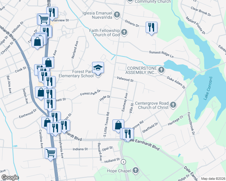 map of restaurants, bars, coffee shops, grocery stores, and more near 101 Vantage Street in Kannapolis