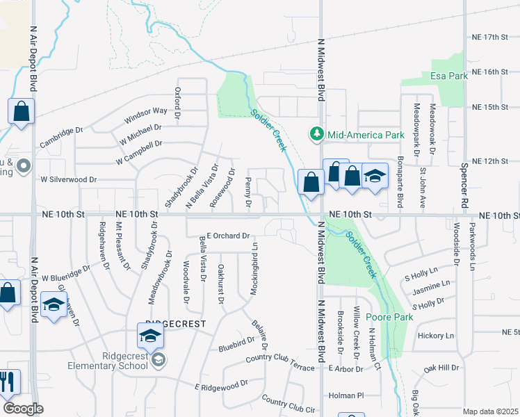map of restaurants, bars, coffee shops, grocery stores, and more near 7827 Northeast 10th Street in Midwest City
