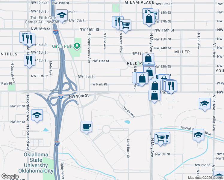 map of restaurants, bars, coffee shops, grocery stores, and more near 3145 West Park Place in Oklahoma City