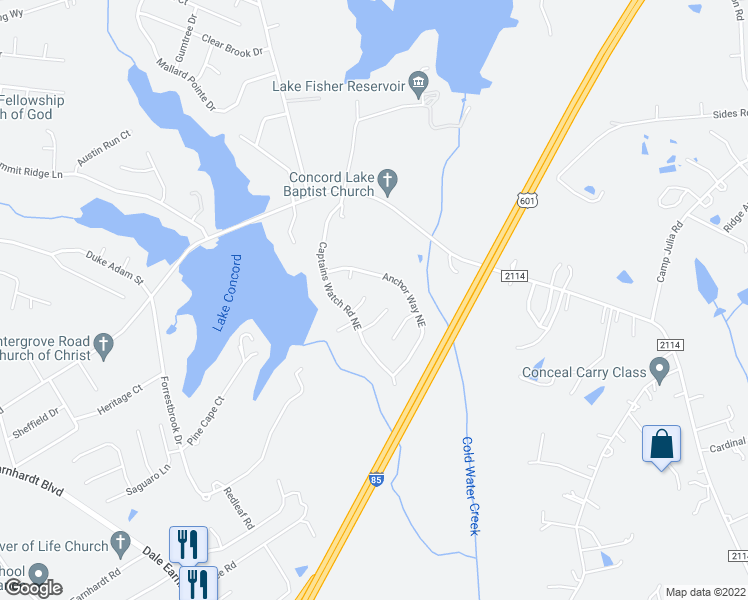 map of restaurants, bars, coffee shops, grocery stores, and more near 920 Harbour View Cove Northeast in Kannapolis