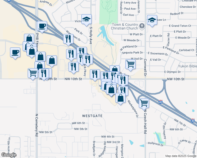 map of restaurants, bars, coffee shops, grocery stores, and more near 12512 Northwest 10th Street in Yukon