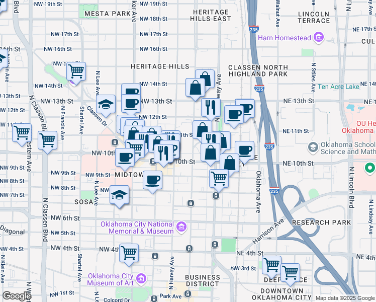 map of restaurants, bars, coffee shops, grocery stores, and more near 1135 North Robinson Avenue in Oklahoma City