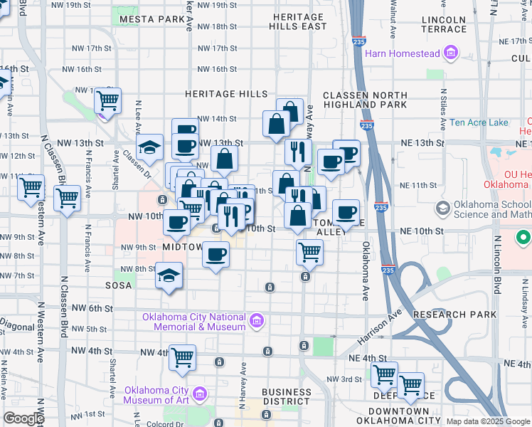 map of restaurants, bars, coffee shops, grocery stores, and more near 1135 North Robinson Avenue in Oklahoma City