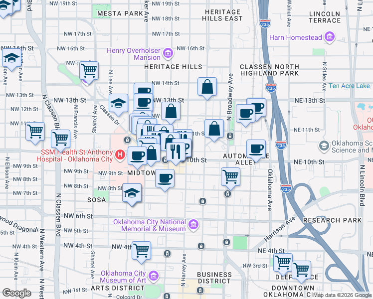 map of restaurants, bars, coffee shops, grocery stores, and more near 1125 North Harvey Avenue in Oklahoma City