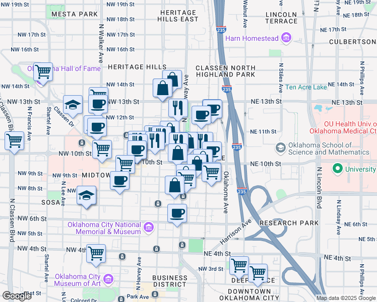 map of restaurants, bars, coffee shops, grocery stores, and more near 1132 North Broadway Drive in Oklahoma City
