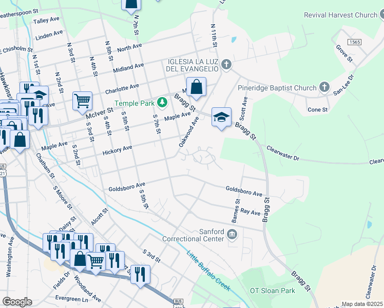 map of restaurants, bars, coffee shops, grocery stores, and more near 501 Ryan Avenue in Sanford