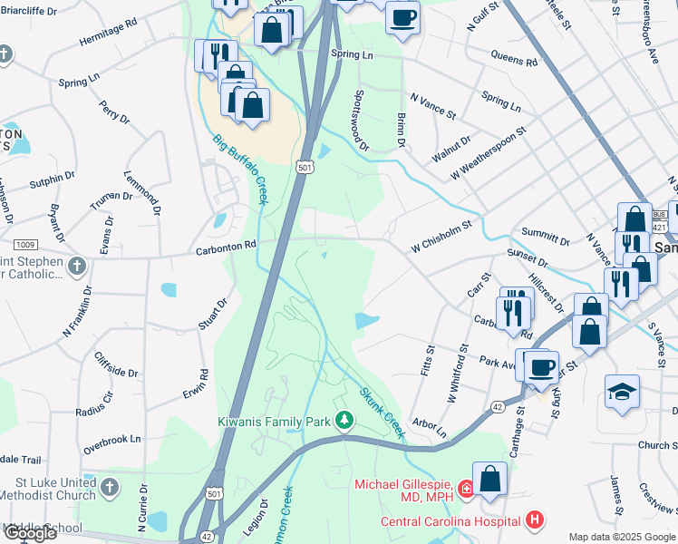 map of restaurants, bars, coffee shops, grocery stores, and more near 611 Carbonton Road in Sanford