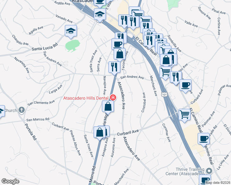 map of restaurants, bars, coffee shops, grocery stores, and more near 7301 Morro Road in Atascadero