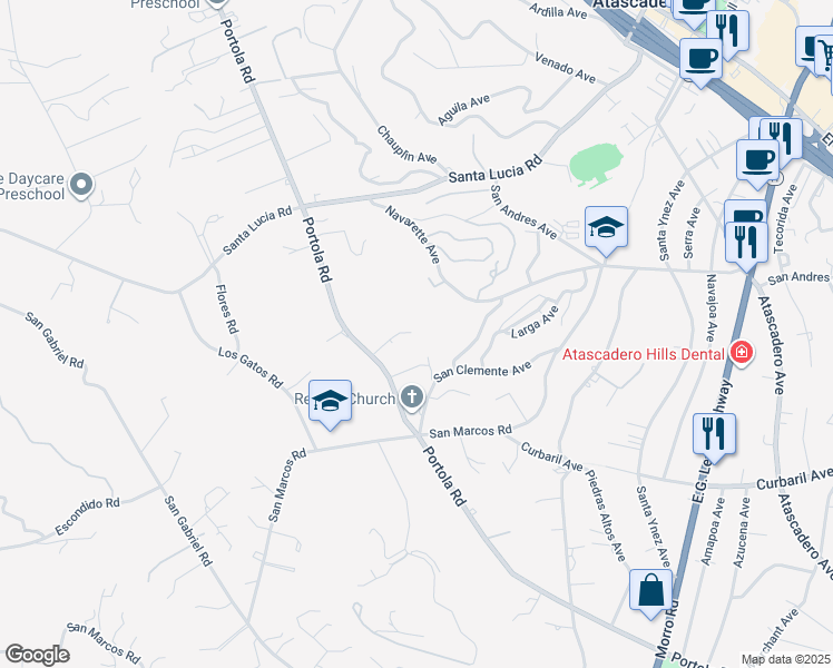 map of restaurants, bars, coffee shops, grocery stores, and more near 6370 Navarette Avenue in Atascadero