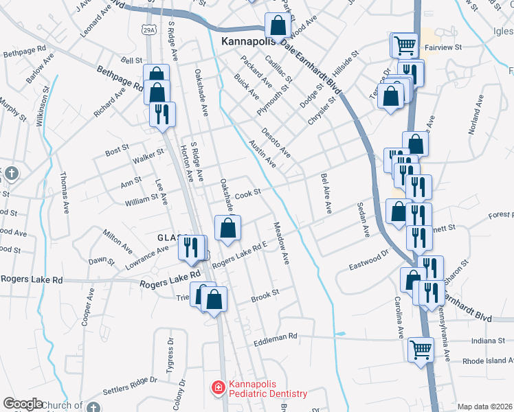 map of restaurants, bars, coffee shops, grocery stores, and more near 312 Cook Street in Kannapolis