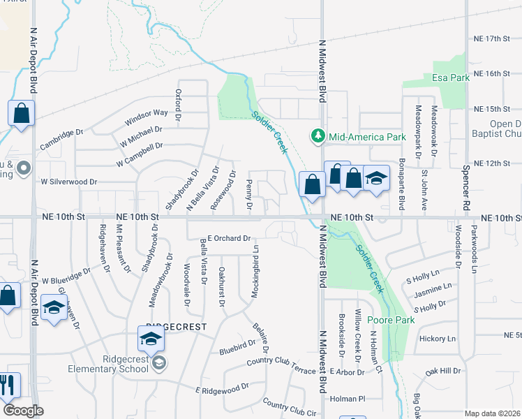map of restaurants, bars, coffee shops, grocery stores, and more near 7827 Northeast 10th Street in Midwest City