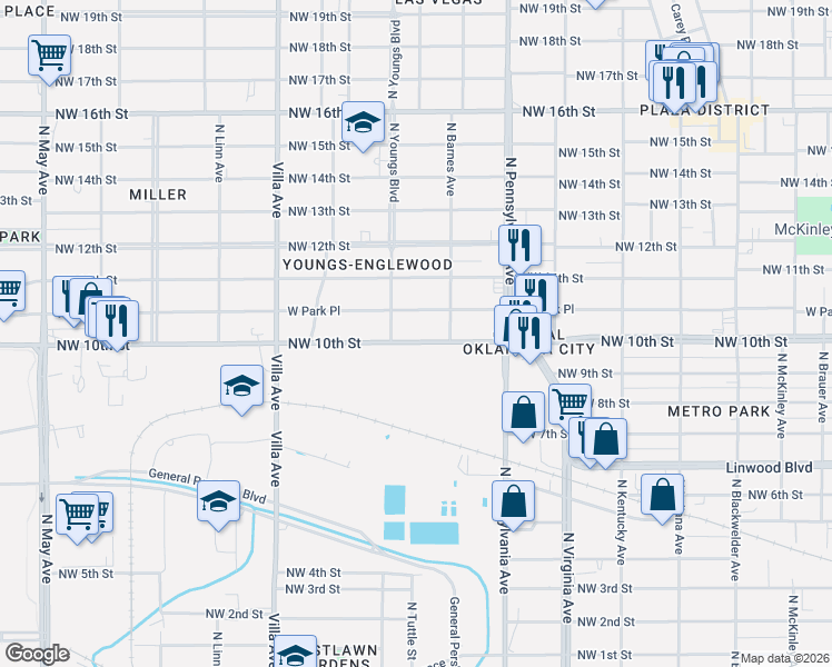 map of restaurants, bars, coffee shops, grocery stores, and more near 2220 West Park Place in Oklahoma City
