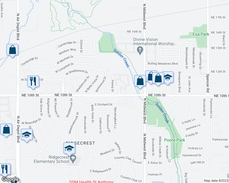 map of restaurants, bars, coffee shops, grocery stores, and more near 3804 Penny Drive in Midwest City