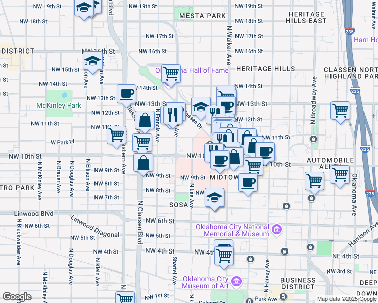 map of restaurants, bars, coffee shops, grocery stores, and more near 725 Northwest 10th Street in Oklahoma City