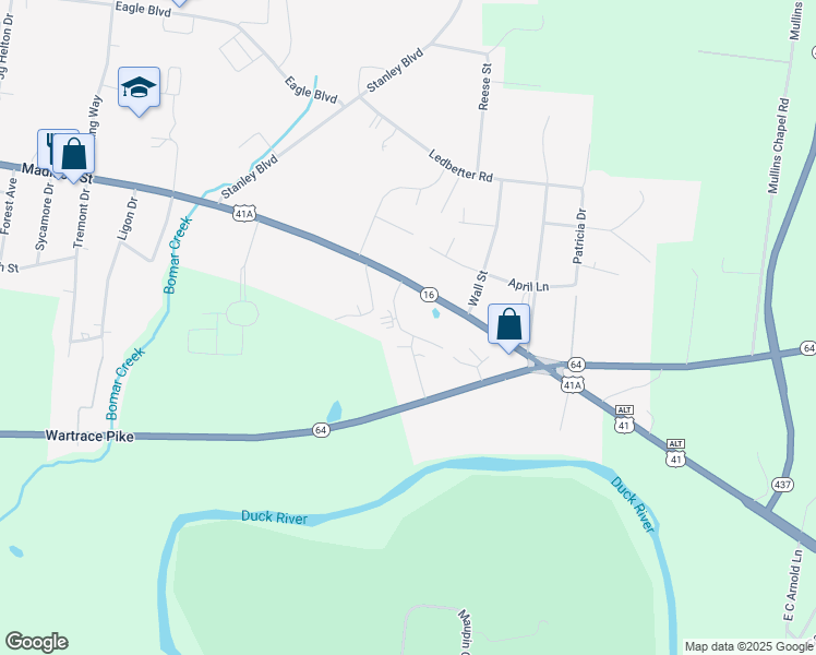 map of restaurants, bars, coffee shops, grocery stores, and more near 605 South Wall Street in Shelbyville