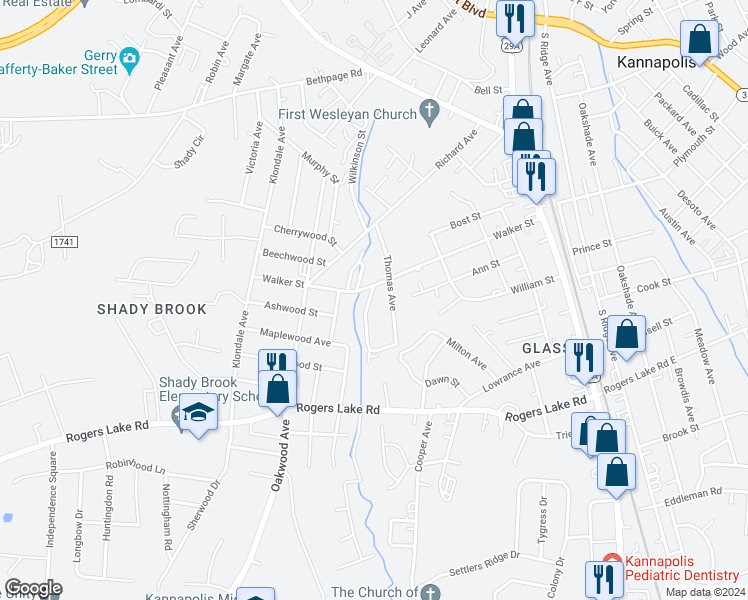map of restaurants, bars, coffee shops, grocery stores, and more near 604 Walker Street in Kannapolis