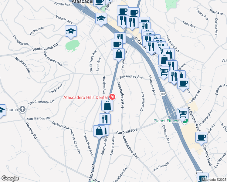 map of restaurants, bars, coffee shops, grocery stores, and more near 7301 Morro Road in Atascadero