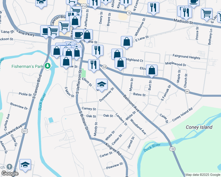 map of restaurants, bars, coffee shops, grocery stores, and more near 510 Belmont Avenue in Shelbyville