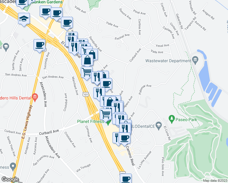 map of restaurants, bars, coffee shops, grocery stores, and more near 7885 Sinaloa Avenue in Atascadero