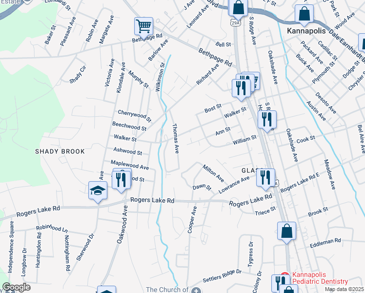 map of restaurants, bars, coffee shops, grocery stores, and more near 4949 Professional Park in Kannapolis
