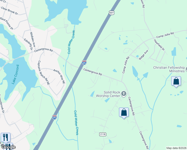 map of restaurants, bars, coffee shops, grocery stores, and more near 2620 Centergrove Road in Kannapolis