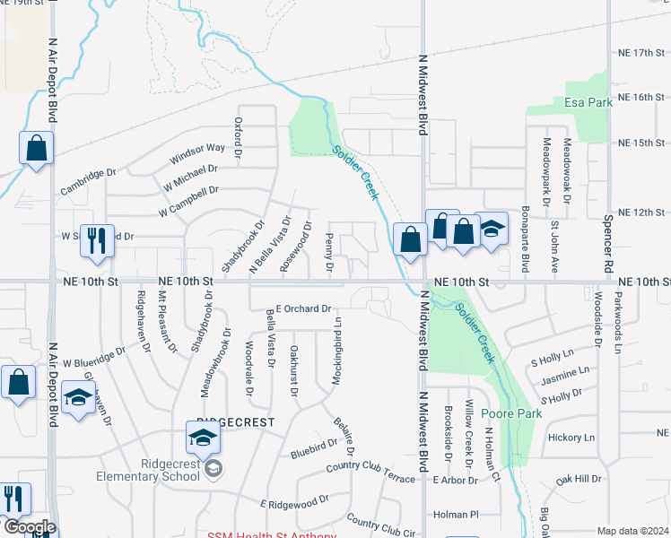 map of restaurants, bars, coffee shops, grocery stores, and more near 3809 Penny Drive in Midwest City