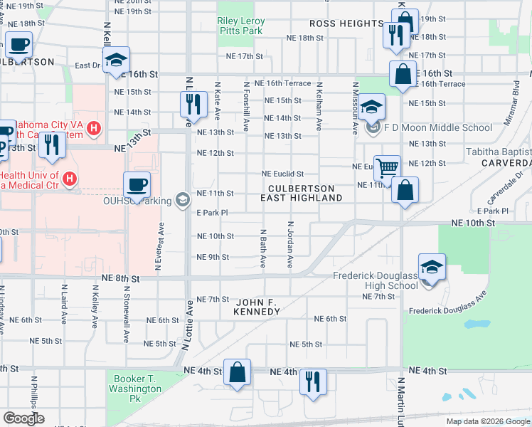 map of restaurants, bars, coffee shops, grocery stores, and more near 1114 North Bath Avenue in Oklahoma City