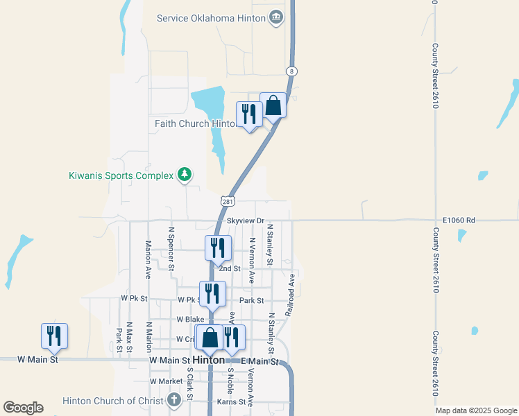 map of restaurants, bars, coffee shops, grocery stores, and more near 212 East Skyview Road in Hinton