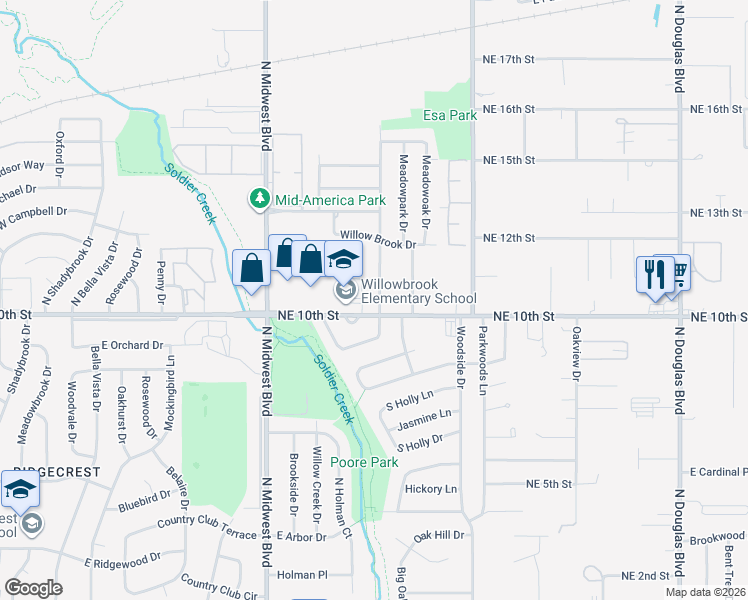 map of restaurants, bars, coffee shops, grocery stores, and more near 8105 Northeast 10th Street in Midwest City