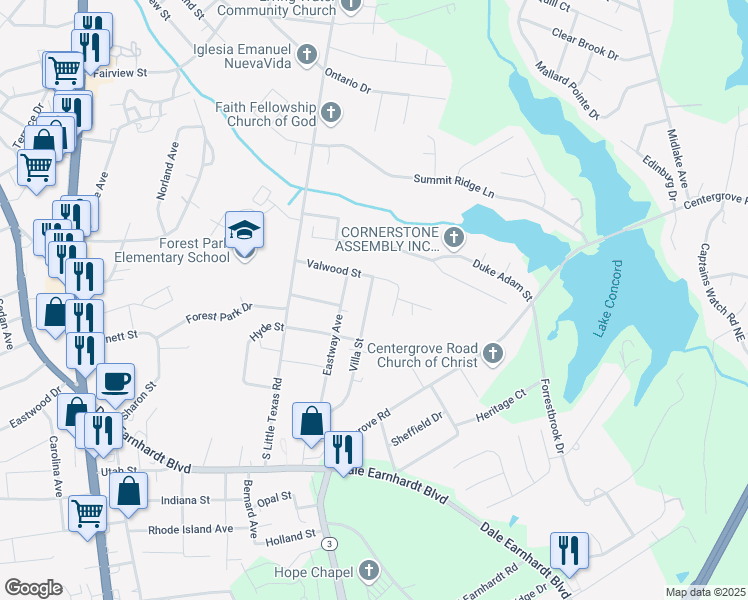 map of restaurants, bars, coffee shops, grocery stores, and more near 305 Villa Street in Kannapolis