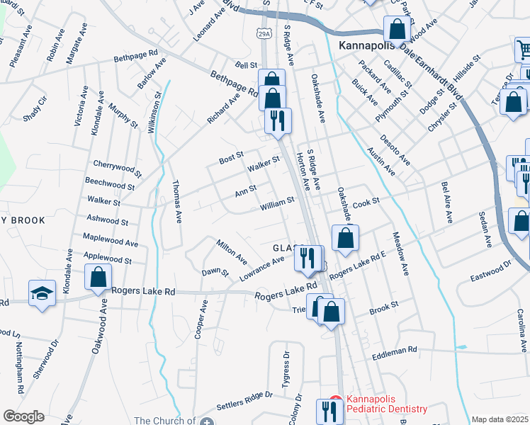 map of restaurants, bars, coffee shops, grocery stores, and more near 207 William Street in Kannapolis