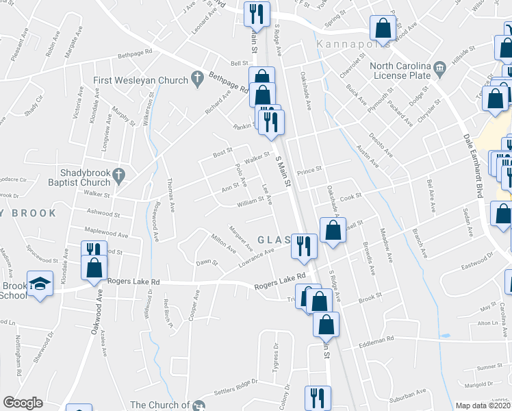 map of restaurants, bars, coffee shops, grocery stores, and more near 207 William Street in Kannapolis