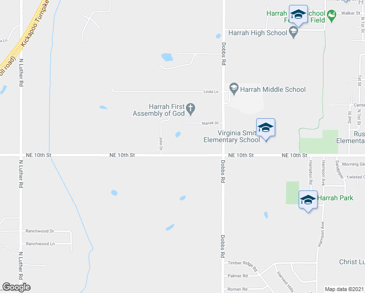 map of restaurants, bars, coffee shops, grocery stores, and more near 19791 Northeast 10th Street in Harrah