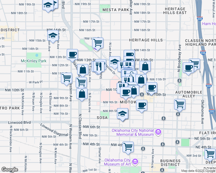 map of restaurants, bars, coffee shops, grocery stores, and more near 1110 North Lee Avenue in Oklahoma City