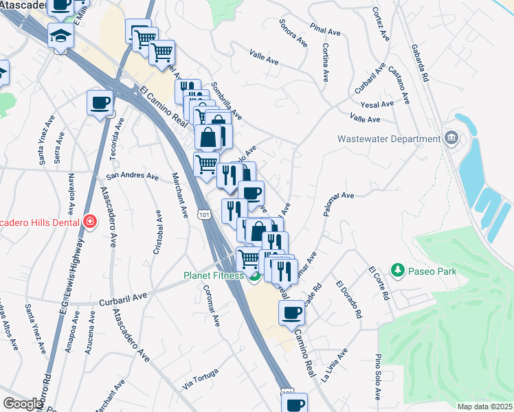 map of restaurants, bars, coffee shops, grocery stores, and more near 7635 El Camino Real in Atascadero