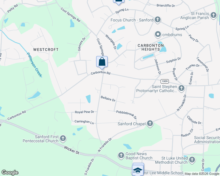 map of restaurants, bars, coffee shops, grocery stores, and more near 725 Creekside Drive in Sanford