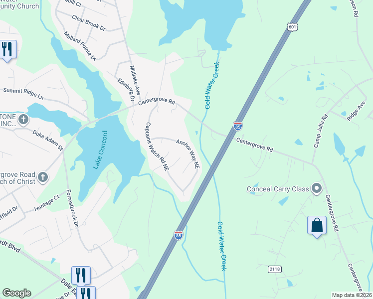 map of restaurants, bars, coffee shops, grocery stores, and more near 858 Anchor Way Northeast in Kannapolis
