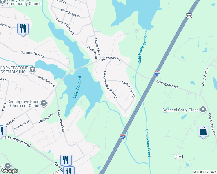 map of restaurants, bars, coffee shops, grocery stores, and more near 2580 Captains Watch Road Northeast in Kannapolis