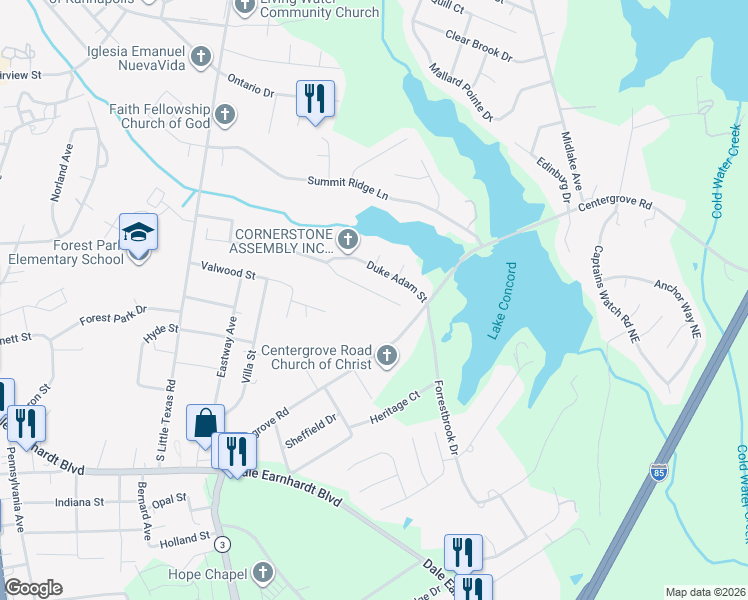 map of restaurants, bars, coffee shops, grocery stores, and more near 1925 Mission Laks Street in Kannapolis